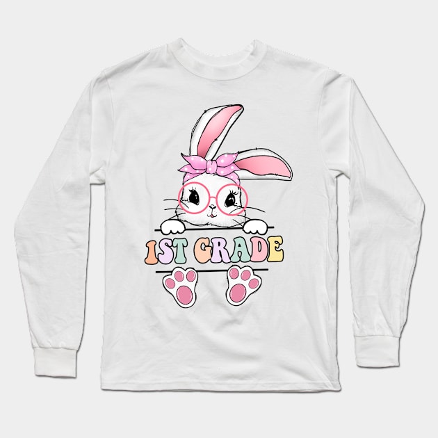 Vintage Happy Easter Bunny 1st Grade Teacher For Girls Kids Long Sleeve T-Shirt by luxembourgertreatable